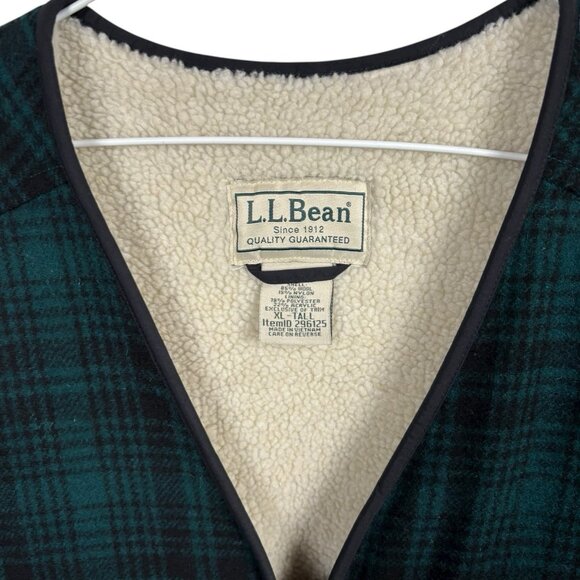 L. L. LL Bean Plaid Wool Vest Mens XL Tall Green Full Zip Sherpa Hunting 296125 - Picture 2 of 7